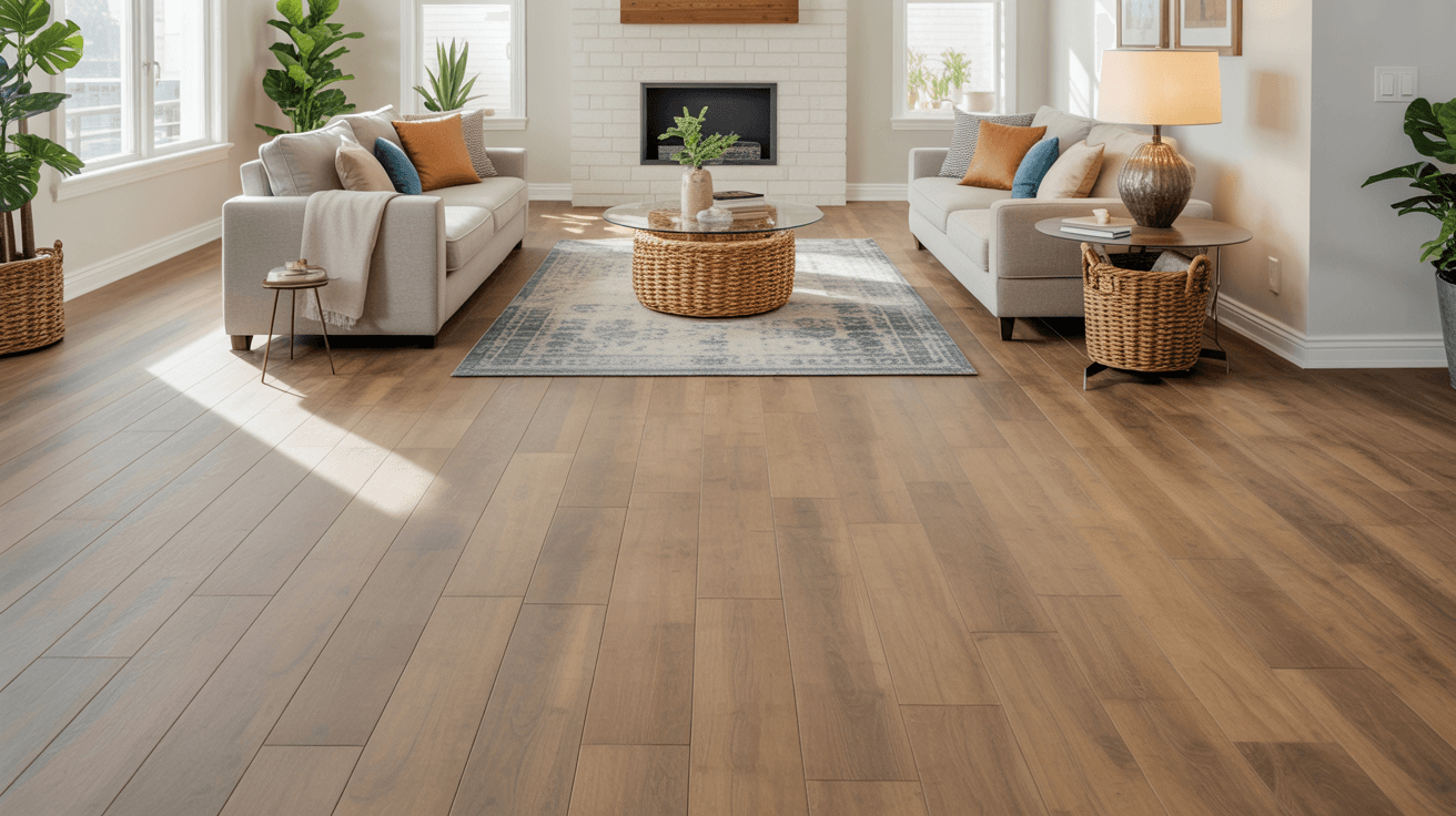 Luxury vinyl plank flooring installation in California home — open concept living room
